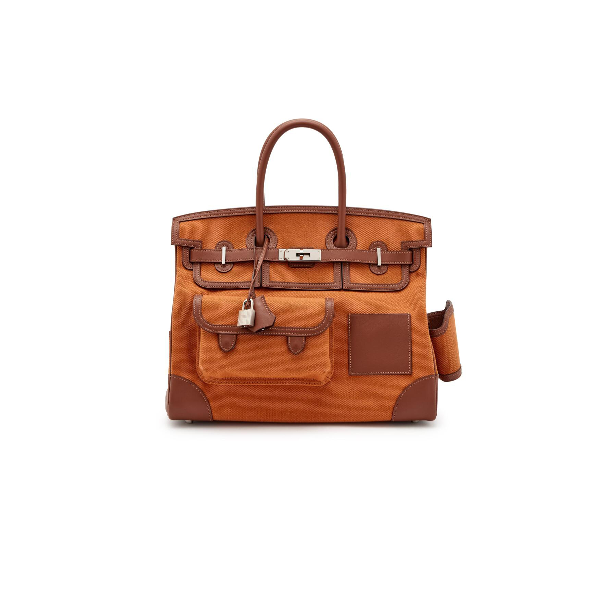 H**mes master birkin 35 canvas and swift leather orange silver buckle h079238cka2 (35*25*18cm)